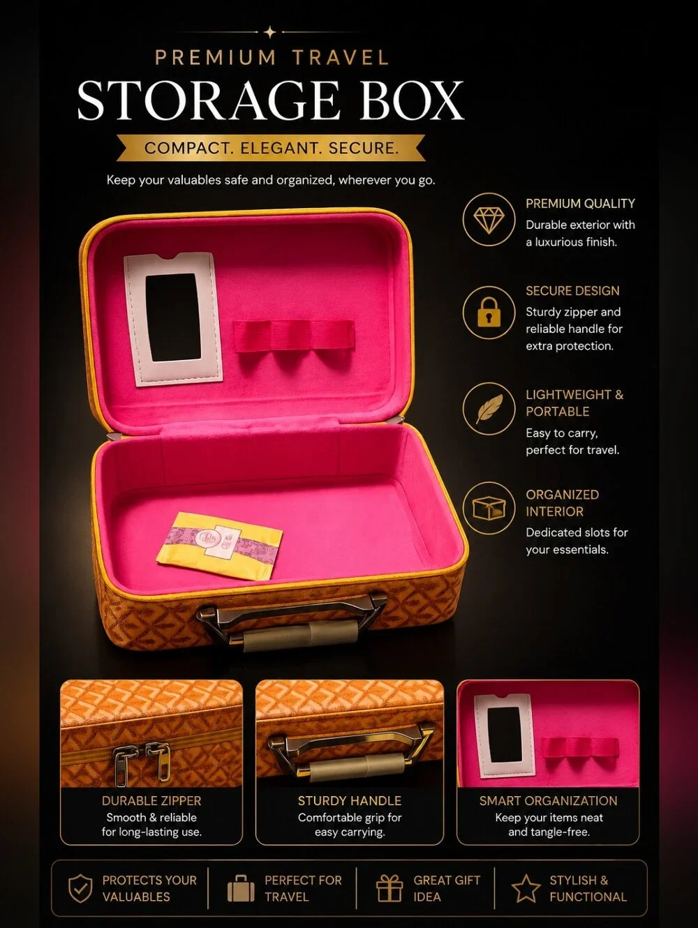 Premium Travel Storage Box - Pink Inner with Orange Pattern Exterior